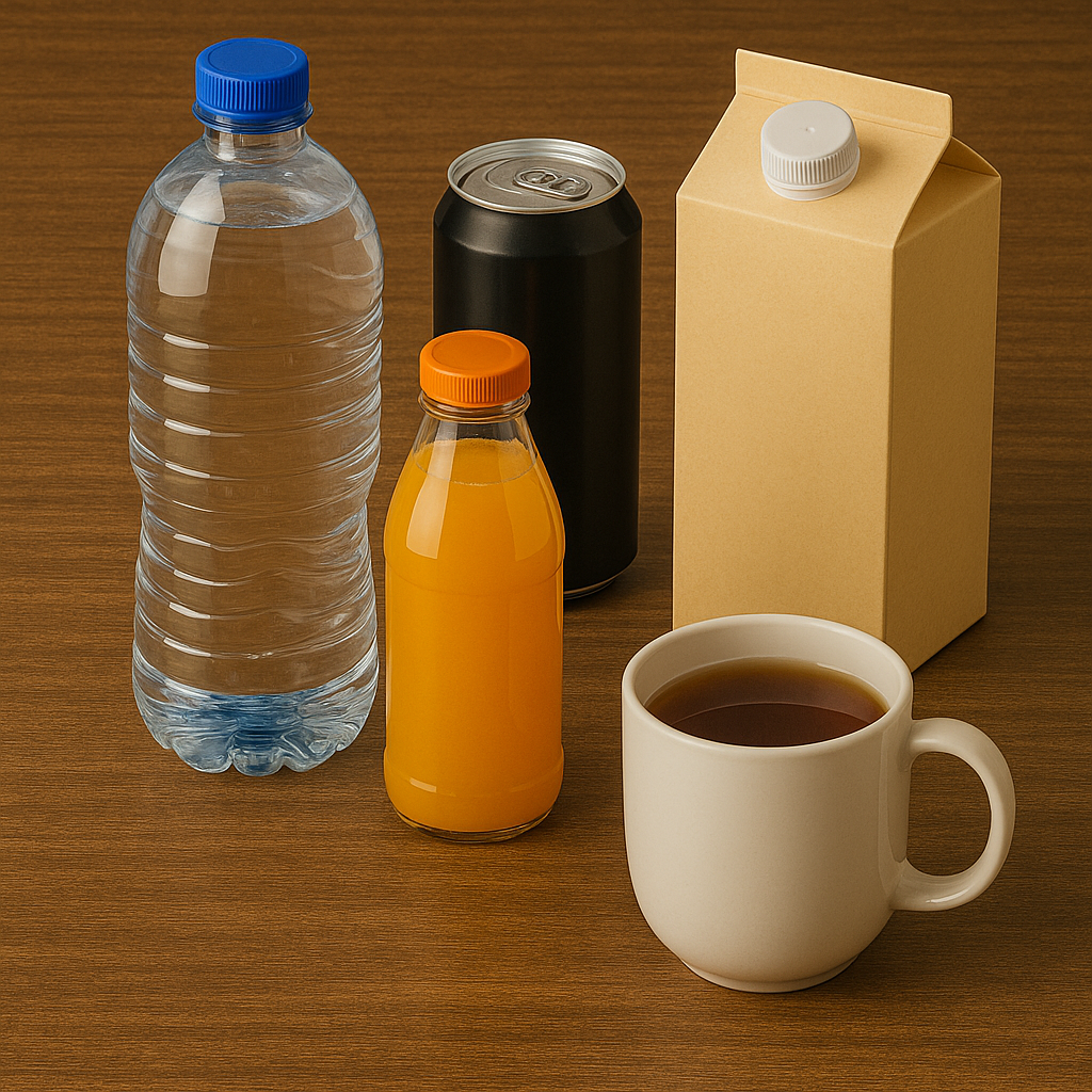 Water and beverages without logos — bottles and cartons