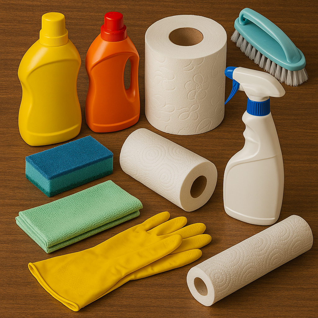 Household essentials — cleaning products, gloves, sponges