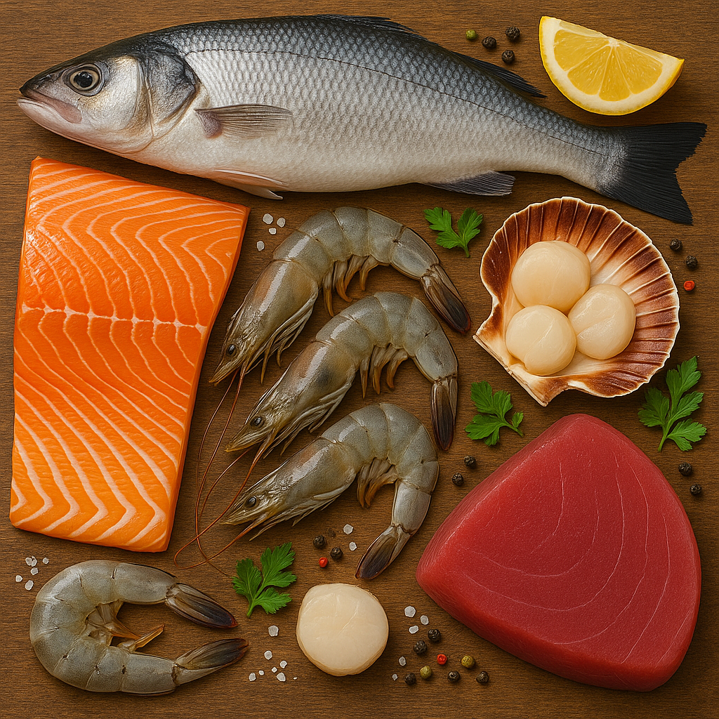 Seafood — salmon fillet, prawns, shellfish with lemon